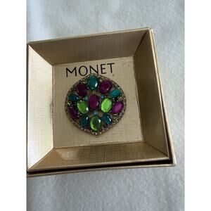 Monet Gold Tone Colorful Rhinestone Brooch Pin Green Purple Teal Blue